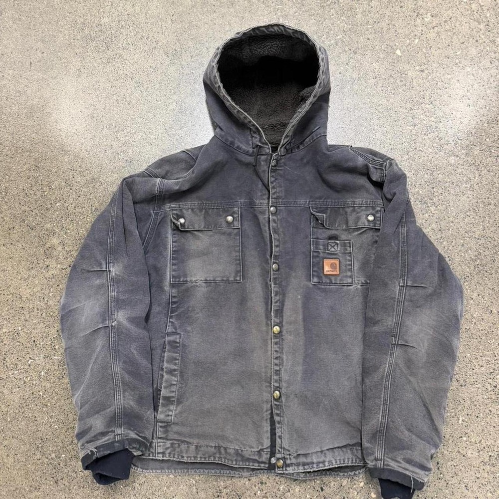 Carhartt Jacket Mens Sandstone Grey Hooded Sherpa Lined Work J284 MOS (Size XL)